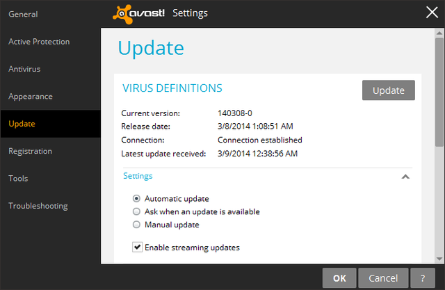 Avast - Nastavení - Aktualizace