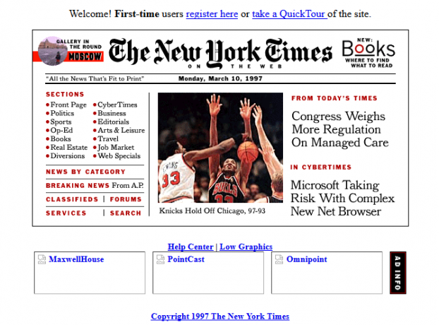 Screenshot z webu New York Times v roce 1997