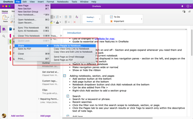 sdílení a spolupráce ve OneNote Mac