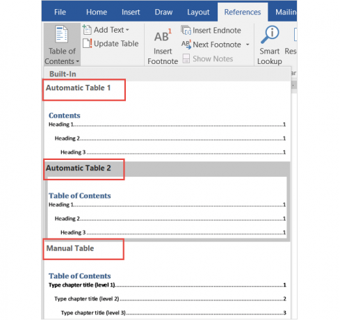 Jednoduchý průvodce tabulkou Microsoft Word Reference MSWord TOC vestavěný