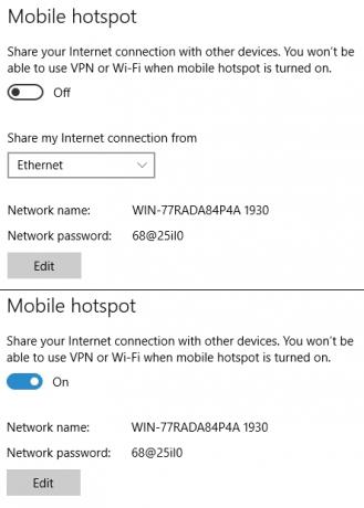 Windows 10 Mobile Hotspot zapnuto vypnuto