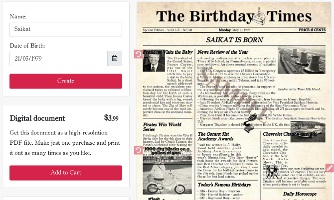 Vytvořte falešné noviny svého data narození v The Birthday Times