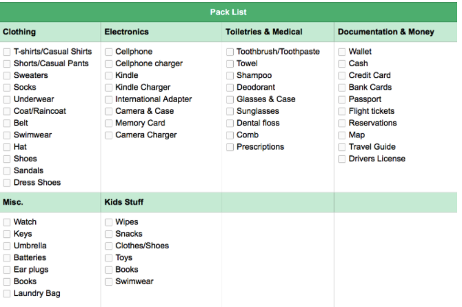 Evernote pack list