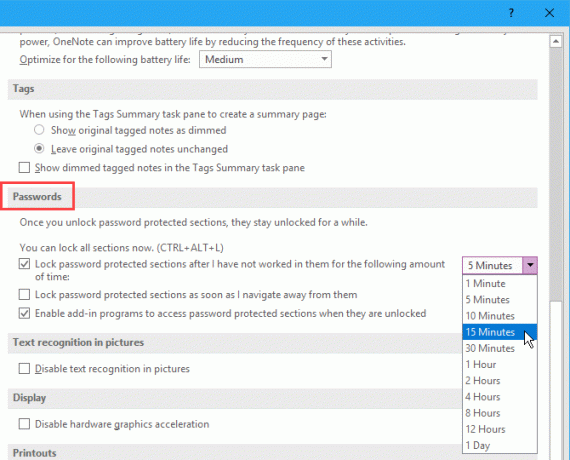 Možnosti hesel v aplikaci OneNote 2016