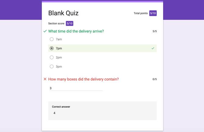 Výsledky automatického třídění kvízů Google Forms