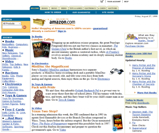 Screenshot z webu Amazonu v roce 1999