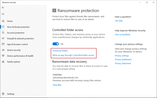 ochrana ransomwaru v programu Windows Defender