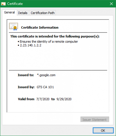 Certifikát webu Chrome