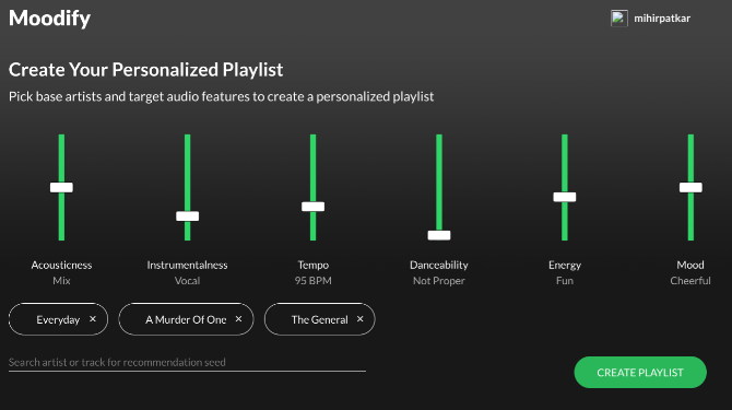 Moodify vytváří přizpůsobené seznamy skladeb na základě skladeb, které se vám líbí, a hudebních funkcí, které chcete