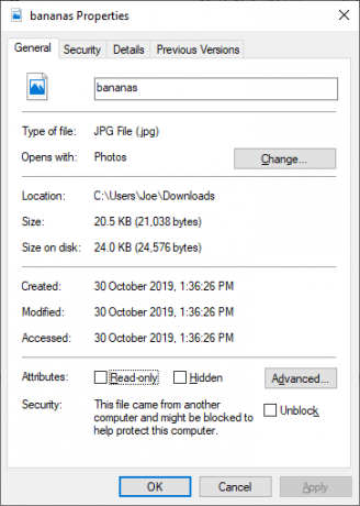 Vlastnosti souboru Windows 10