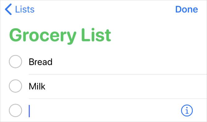 Seznam potravin v aplikaci Reminders na iPhone