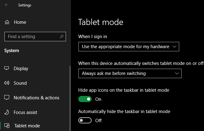 Možnosti režimu Windows 10 Tablet