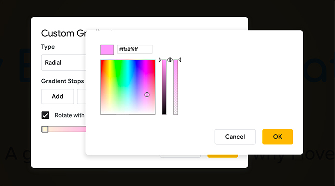 Vlastní přechod barev Google Slides Color Picker