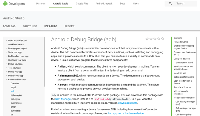 Webová stránka Android Developers popisující ADB