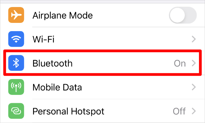 Možnost Bluetooth v nastavení iPhone