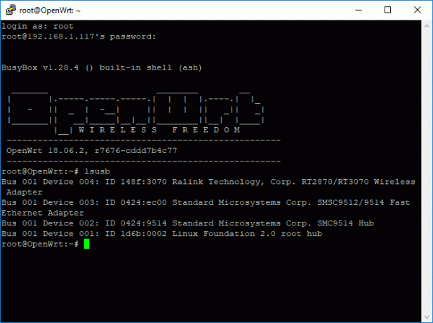 Obrazovka okna OpenWRT Putty Terminal