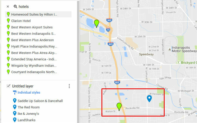 Hotely vrstvy Google Maps Více
