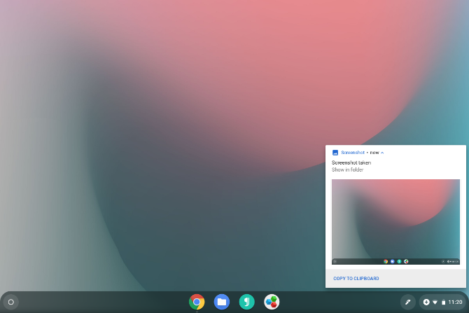 Chrome OS zobrazující upozornění po snímku obrazovky