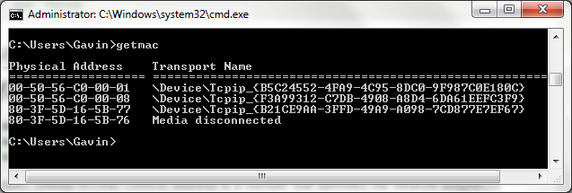 Příkazový řádek getmac