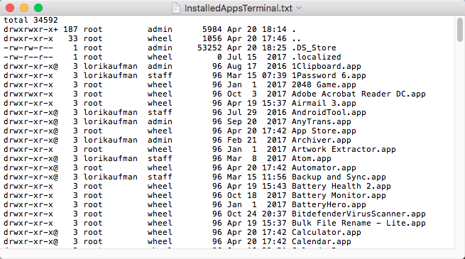 Seznam nainstalovaných aplikací ze složky Aplikace pomocí Terminálu