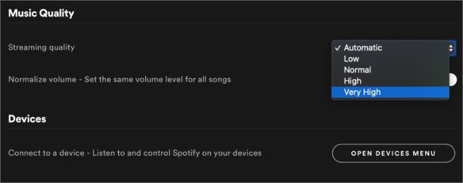 Nastavení Spotify ukazuje možnost velmi vysoké kvality hudby