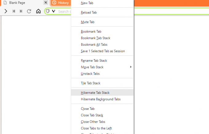 Snímek obrazovky ukazující, jak hibernovat karty ve Vivaldi