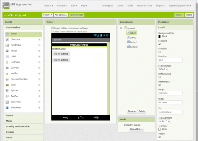 android vytvořit aplikaci appinventor screen1 labelconfig
