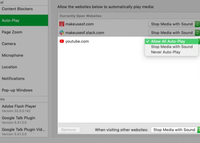 přizpůsobte nastavení automatického přehrávání pro YouTube v předvolbách Safari na počítačích Mac