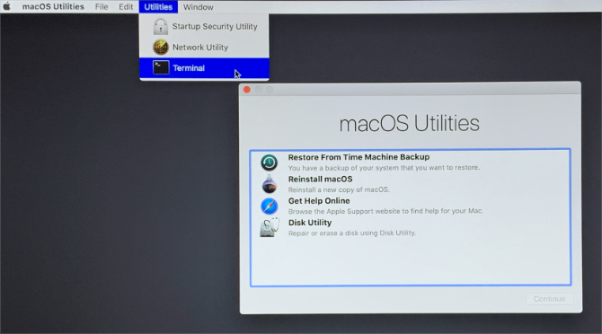 Režim zotavení macOS ukazuje terminál na liště nabídek