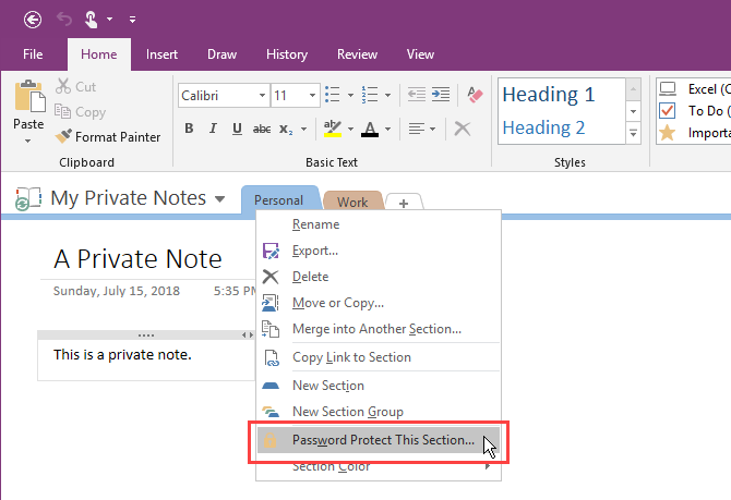 V části OneNote 2016 vyberte možnost Chránit tuto sekci heslem