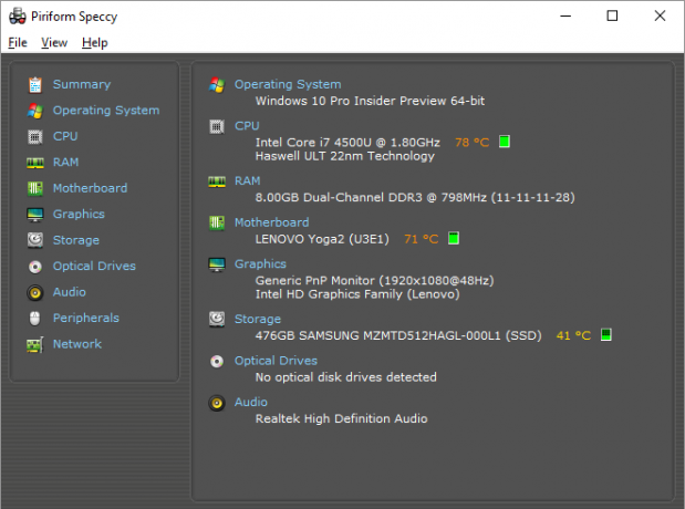 Toto je snímání obrazovky jednoho z nejlepších programů Windows. Říká se tomu Piriform Speccy