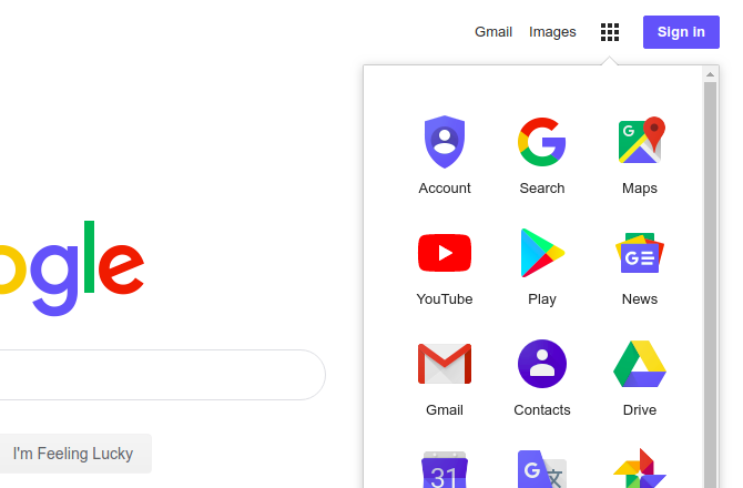 zobrazení aplikací Google v mřížce na domovské stránce Google