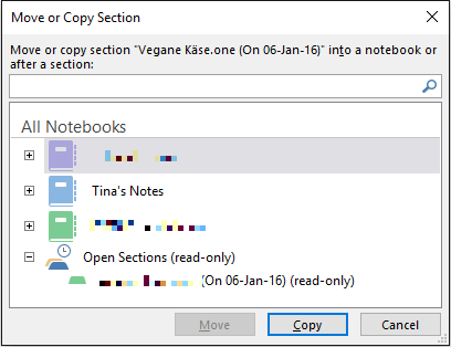 Sekce OneNote Move Notebook