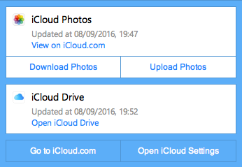 Screenshot stavu ovládacího panelu iCloud