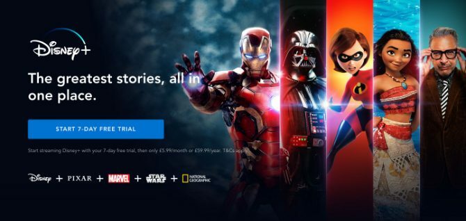 Banner Disney+ s tlačítkem na sedmidenní bezplatnou zkušební verzi