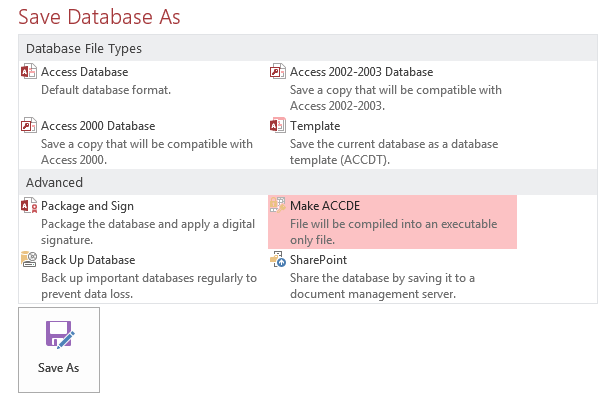 Access 2013 Save As