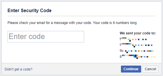 Zadejte bezpečnostní kód Facebook, který jste obdrželi v e-mailu.