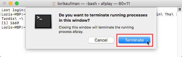 Klikněte na Ukončit pro proces v okně Terminálu v systému Mac