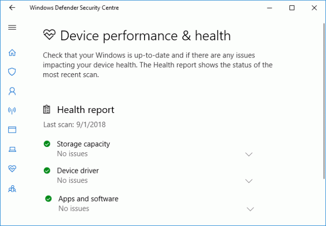 Výkon a zdraví zařízení Windows Defender