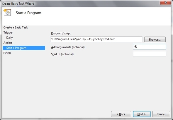 SyncToy: Jednoduché řešení zálohování a synchronizace společnosti Microsoft [Windows] Plánovač úloh Vytvořit základní úlohu Akce Spustit program Vyhledat složku