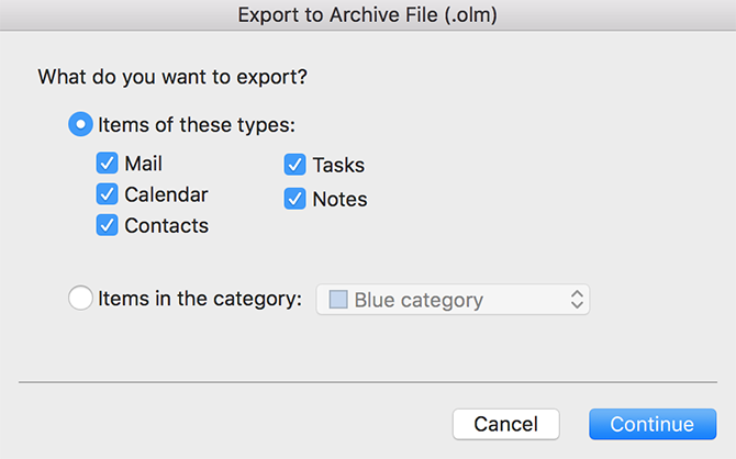vyberte položky, které chcete exportovat v aplikaci Outlook