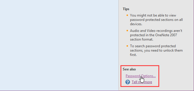 V OneNote 2016 klikněte na Možnosti hesla