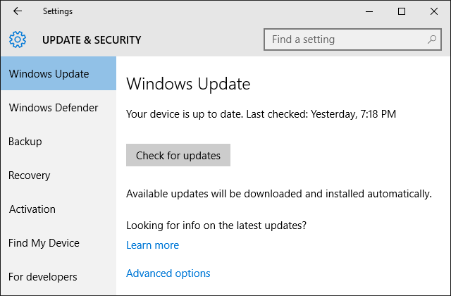 Nastavení systému Windows 10 Windows Update